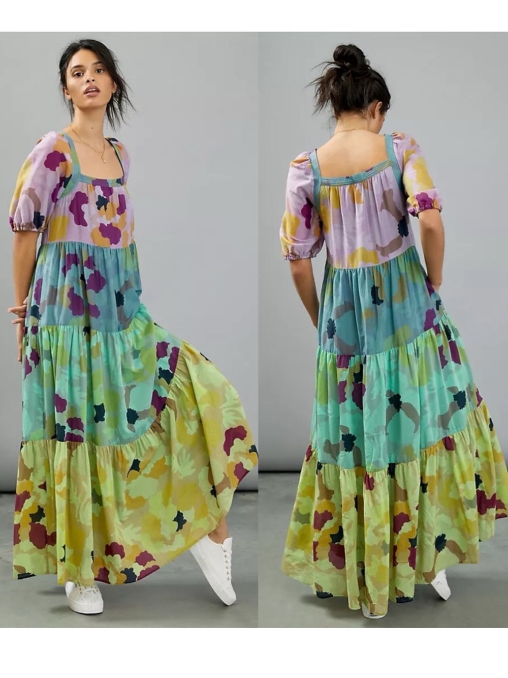 Anthropologie Caroline Tiered Maxi Dress Floral Cotton Silk Blend Pockets Large
